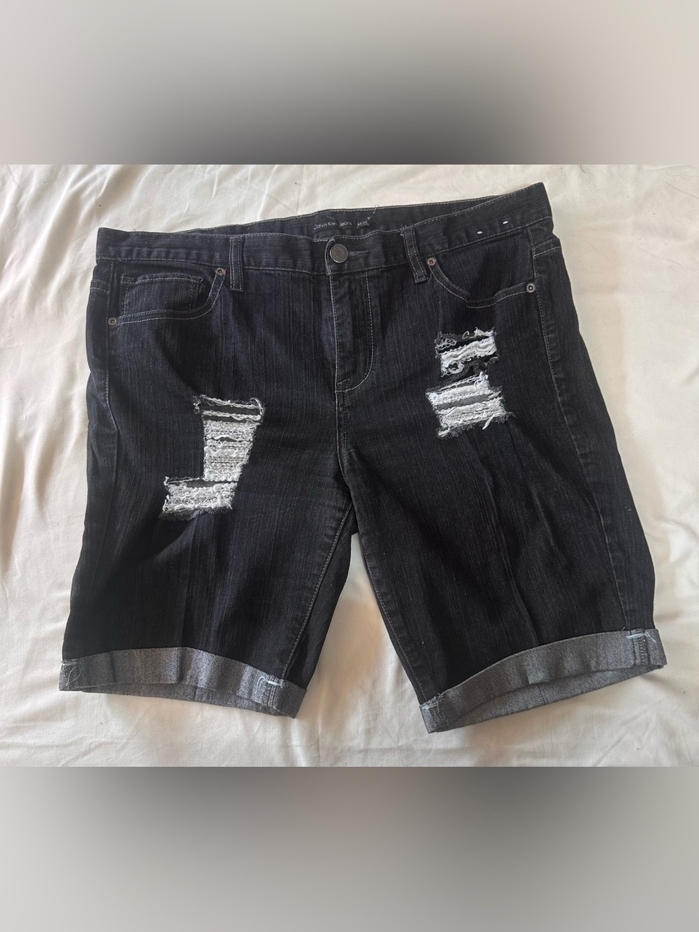 Calvin Klein Black Distressed Rolled Hem Jean Shorts
